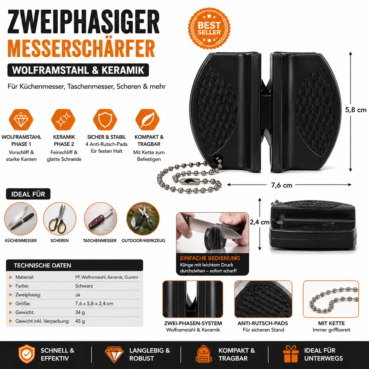 KAAN* 1x Kompakter Messerschärfer Zweiphasiger Schärfer Wolframstahl & Keramik - Rückansicht