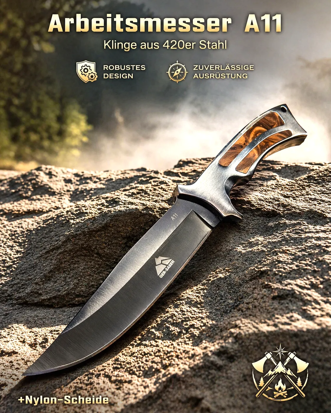 KAAN® Arbeitsmesser A11 | 420 Stahl |Küchen Messer | 28 cm | Full-Tang Öse +Etui