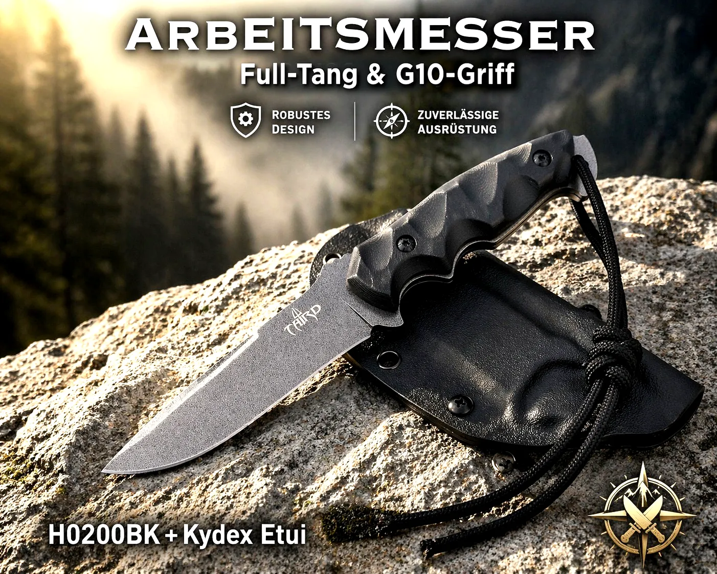 KAAN | Arbeitsmesser TH-H0200BK |Gürtel-Messer | G10-Griff | 23,3cm | Handseil