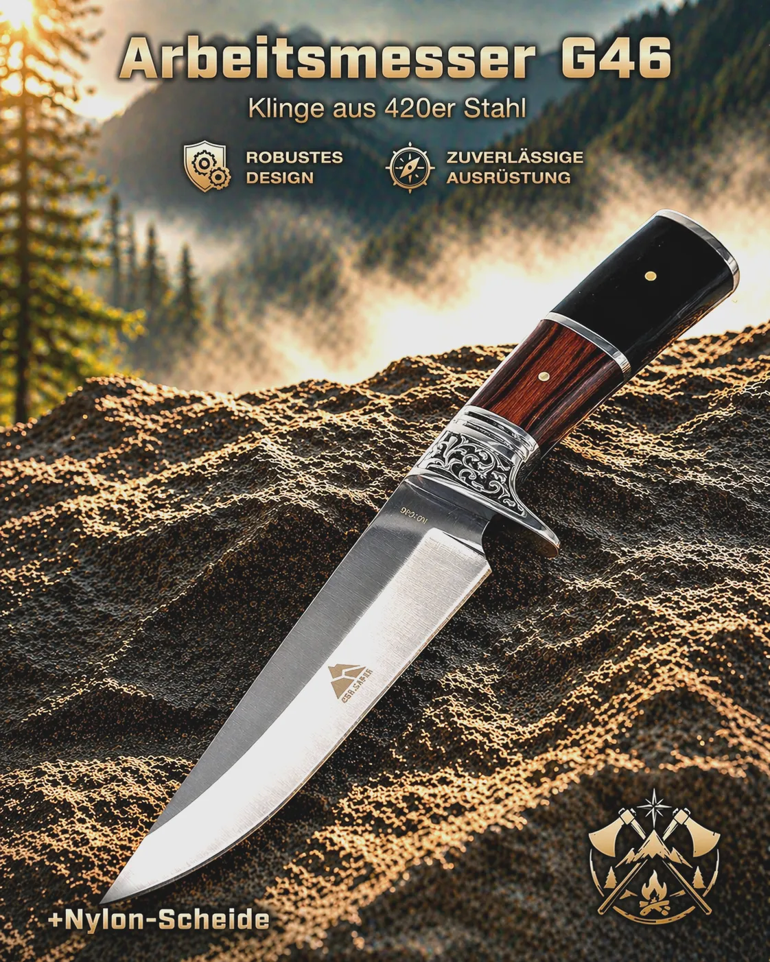 KAAN | Arbeitsmesser G46 | Messer 31cm | Full-Tang | 420 Stahl | Holzgriff +Etui