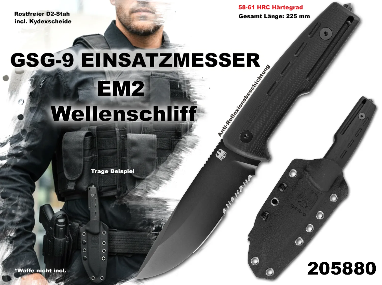 GSG-9 Messer EM2 G10 Griff 205880 Wellenschliff D2 Stahl Glasbrecher Kydex-Etui
