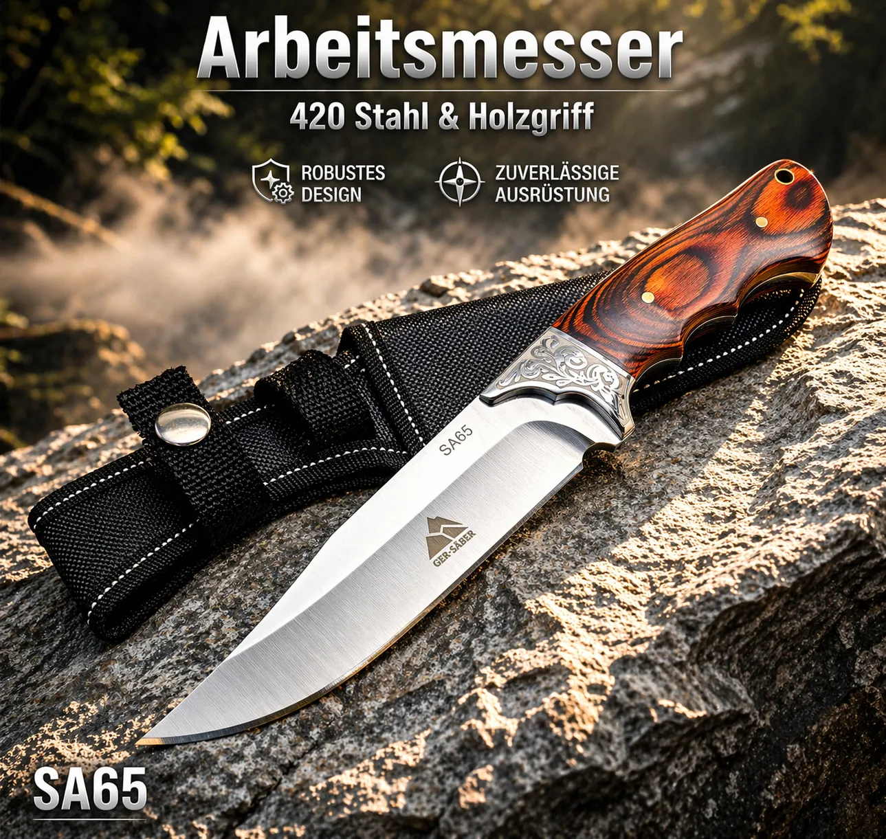 KAAN* Arbeitsmesser SA65 | Full-Tang Messer 27cm | Holzgriff | Ornamenten | 420S