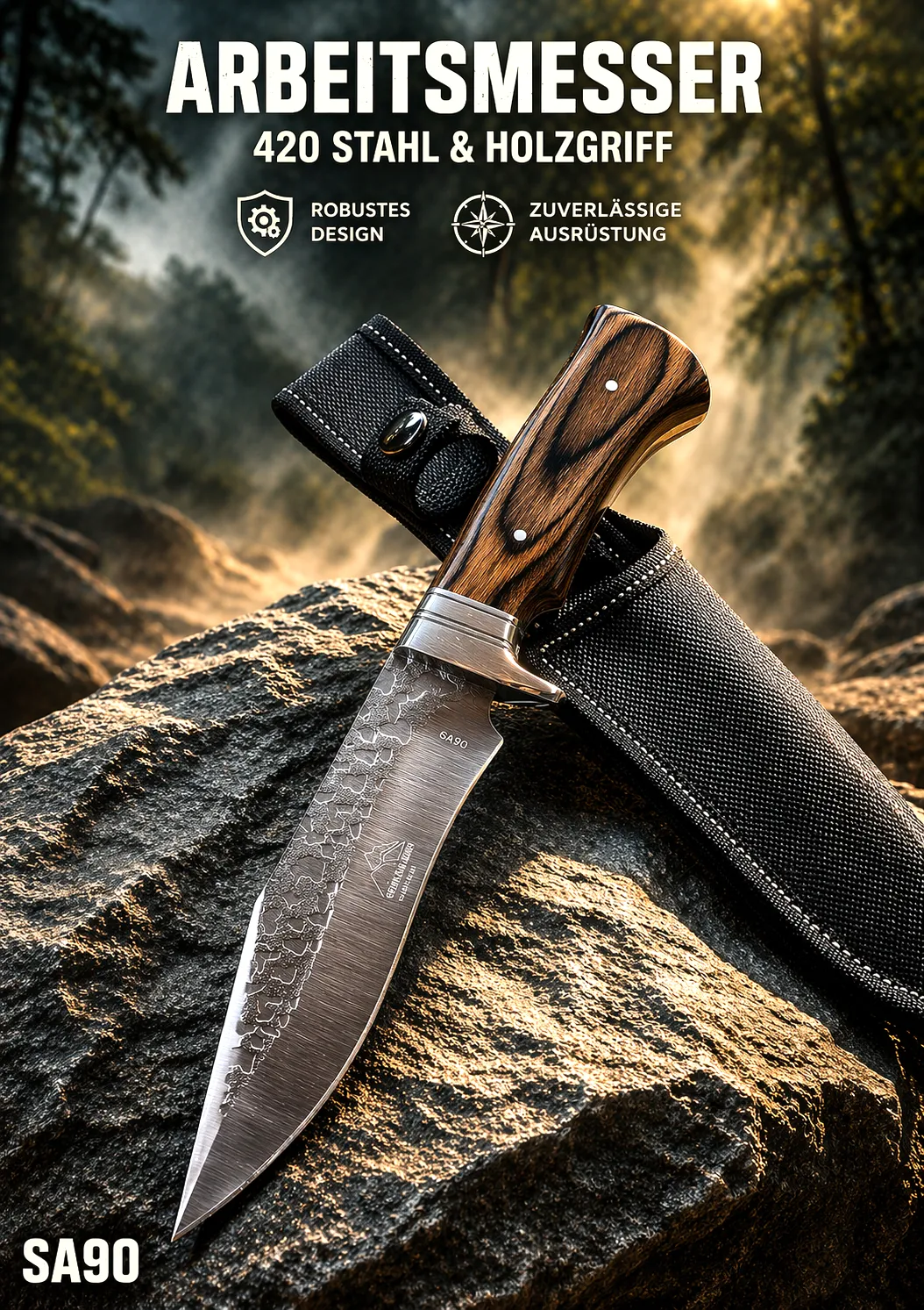 KAAN* Arbeitsmesser SA90 | 420 Stahl | Messer 31cm | Full-Tang | Holzgriff +Etui
