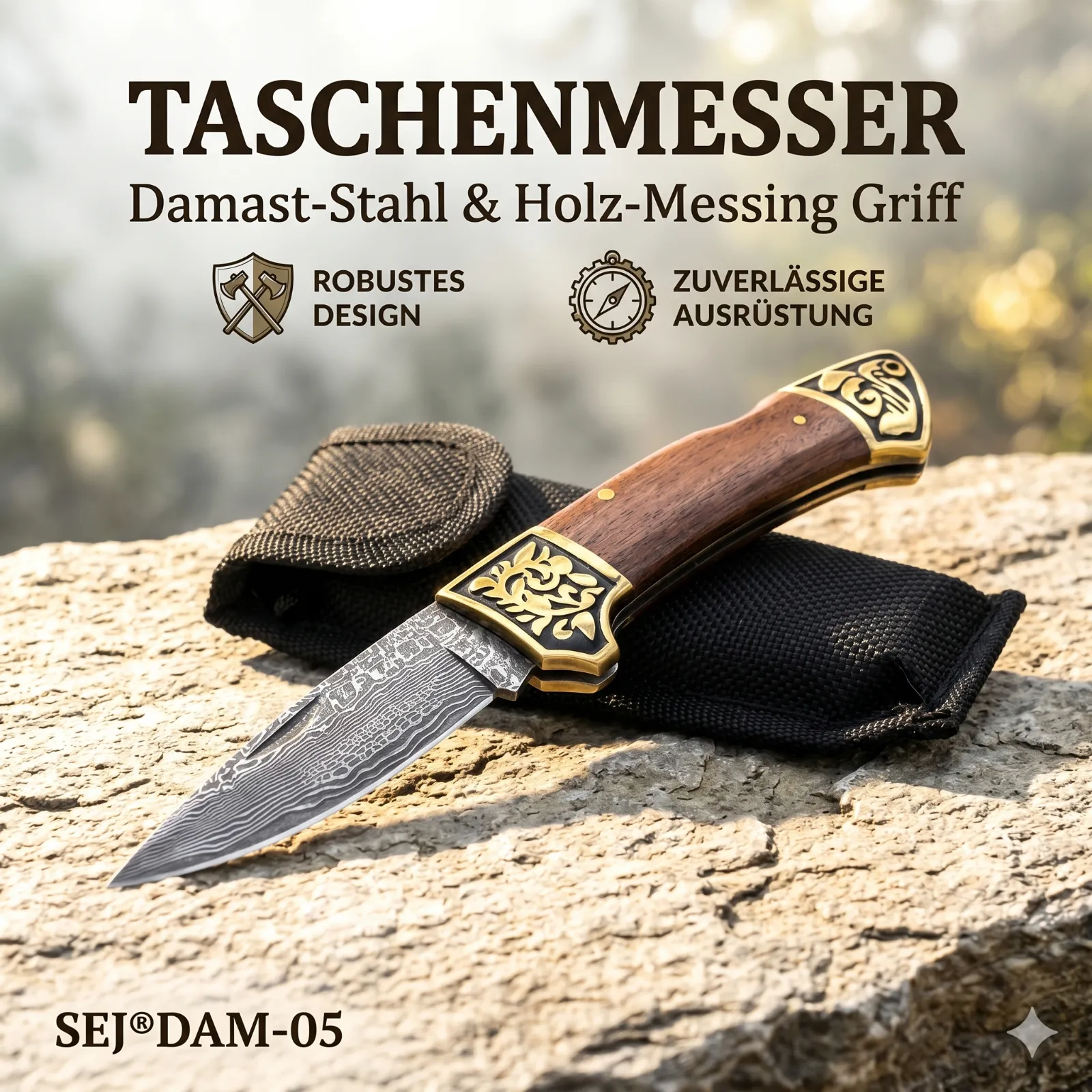 KAAN® Damast Taschenmesser SEJ®DAM-05 | Holz -Messinggriff | Klapp-Messer |+Etui