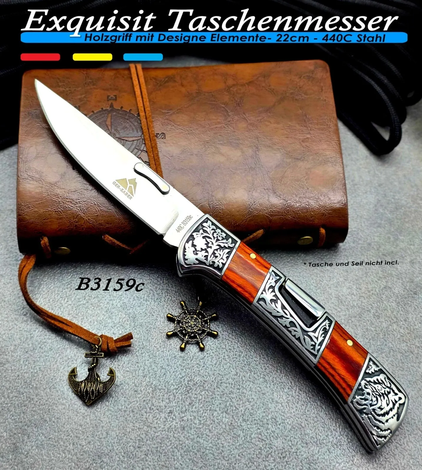 KAAN* Taschenmesser B3159c | Holzgriff 22cm | Camping Messer 440C Stahl +Etui