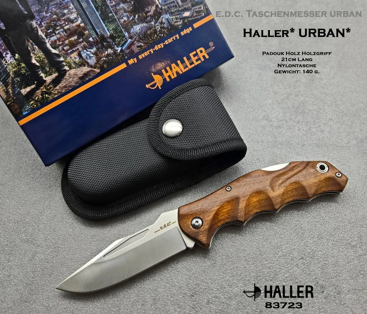 Haller® 83723 | e.d.c. Taschenmesser URBAN Padouk Holz-Griff 440Stahl Etui +Box