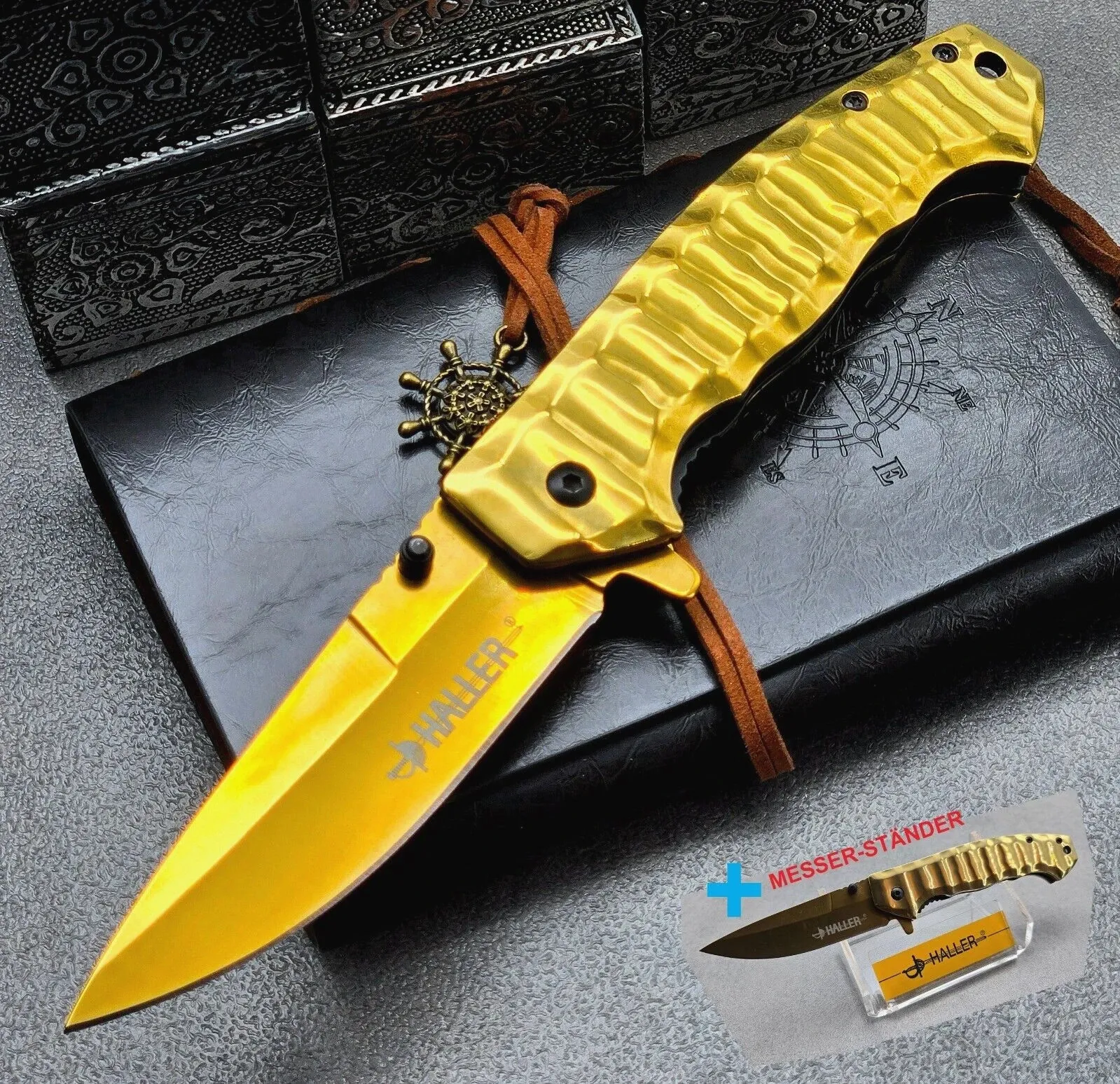 Haller® 83909| Gold Farbe beschichtetes Taschenmesser + Messer