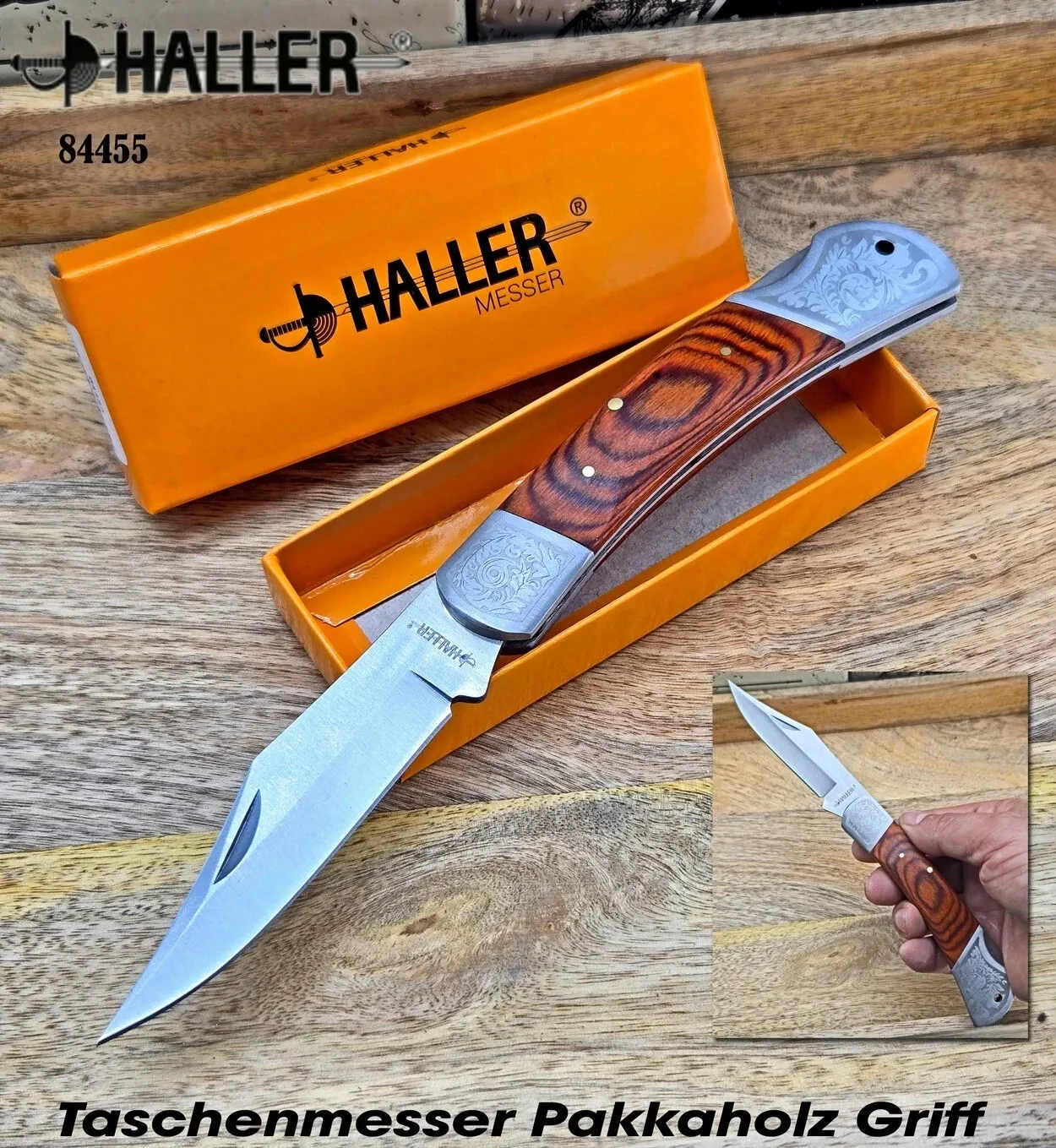 Haller®84455| Klassischer Taschenmesser Hechtklinge Verzierungen Pakkaholz Griff