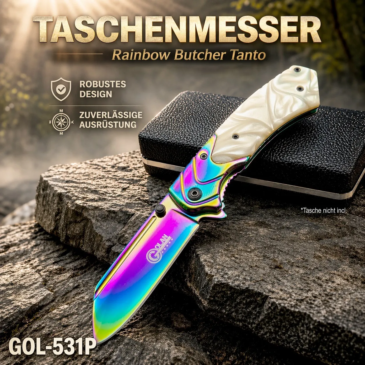 KAAN* Golan 531P | Rainbow Tanto-Klinge Titanbeschichtet | Perlmutt Design-Griff