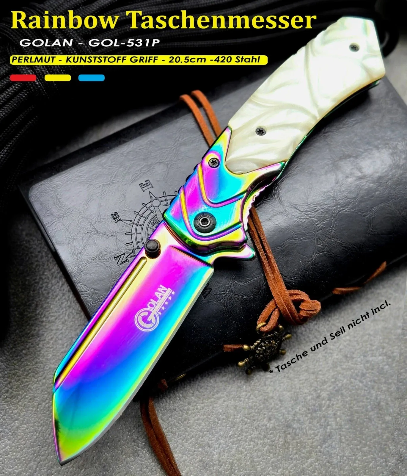 KAAN* Golan 531P | Rainbow Tanto-Klinge Titanbeschichtet | Perlmutt Design-Griff - Rückansicht