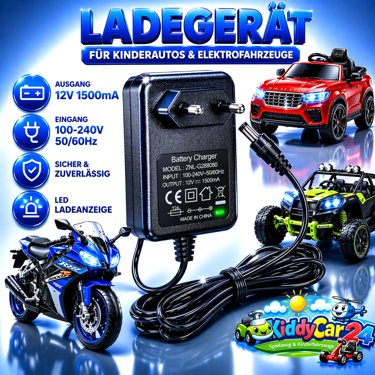 KAAN* 12V1,5Ah Ladegerät Charger Netzteil Kinder Autos Buggys Quads 12V1500mA