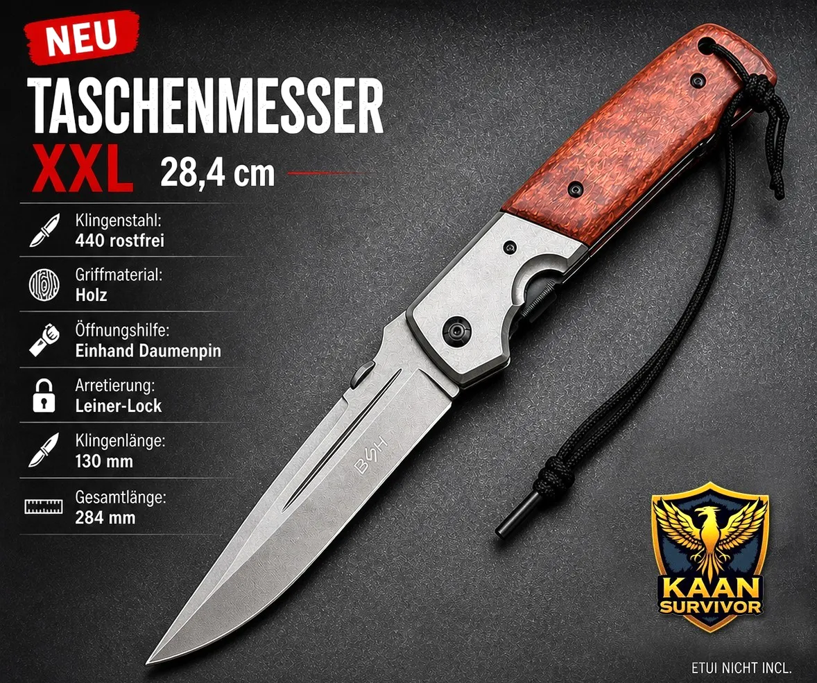 KAAN* XXL Taschenmesser | 28,4cm Holzgriff | Handseil | Klapp Messer Liner-Lock