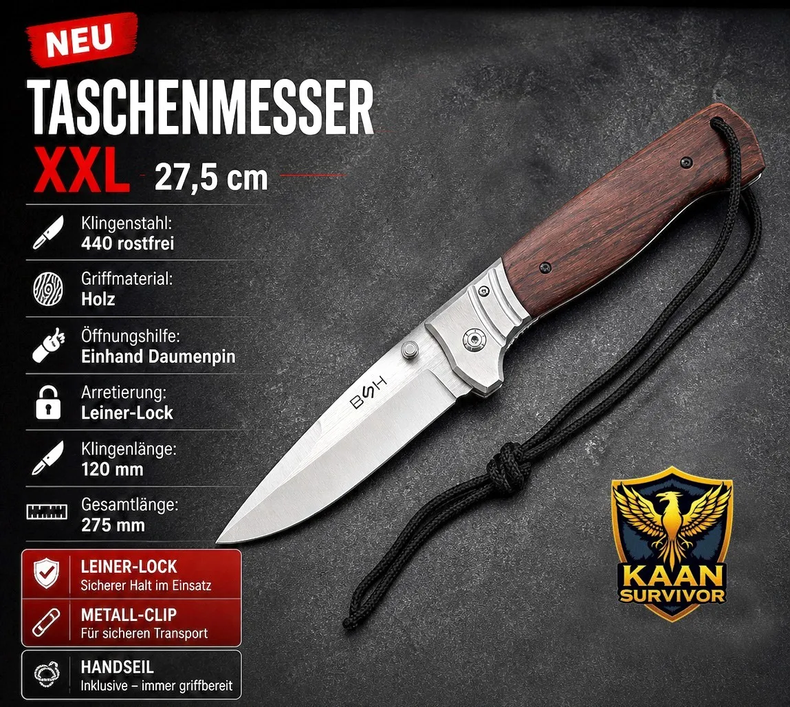 XXL Taschenmesser | 27,5cm Holzgriff | Handseil | Klapp Messer Liner-Lock