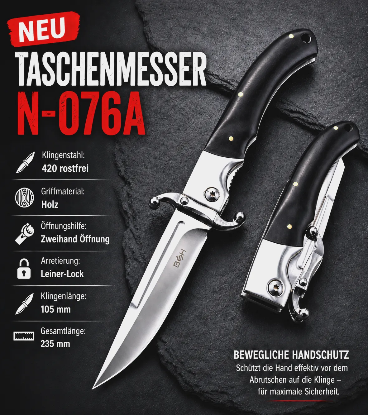 KAAN* Taschenmesser mit beweglichem Handschutz Messer 23,5cm 420 Edelstahl +Etui