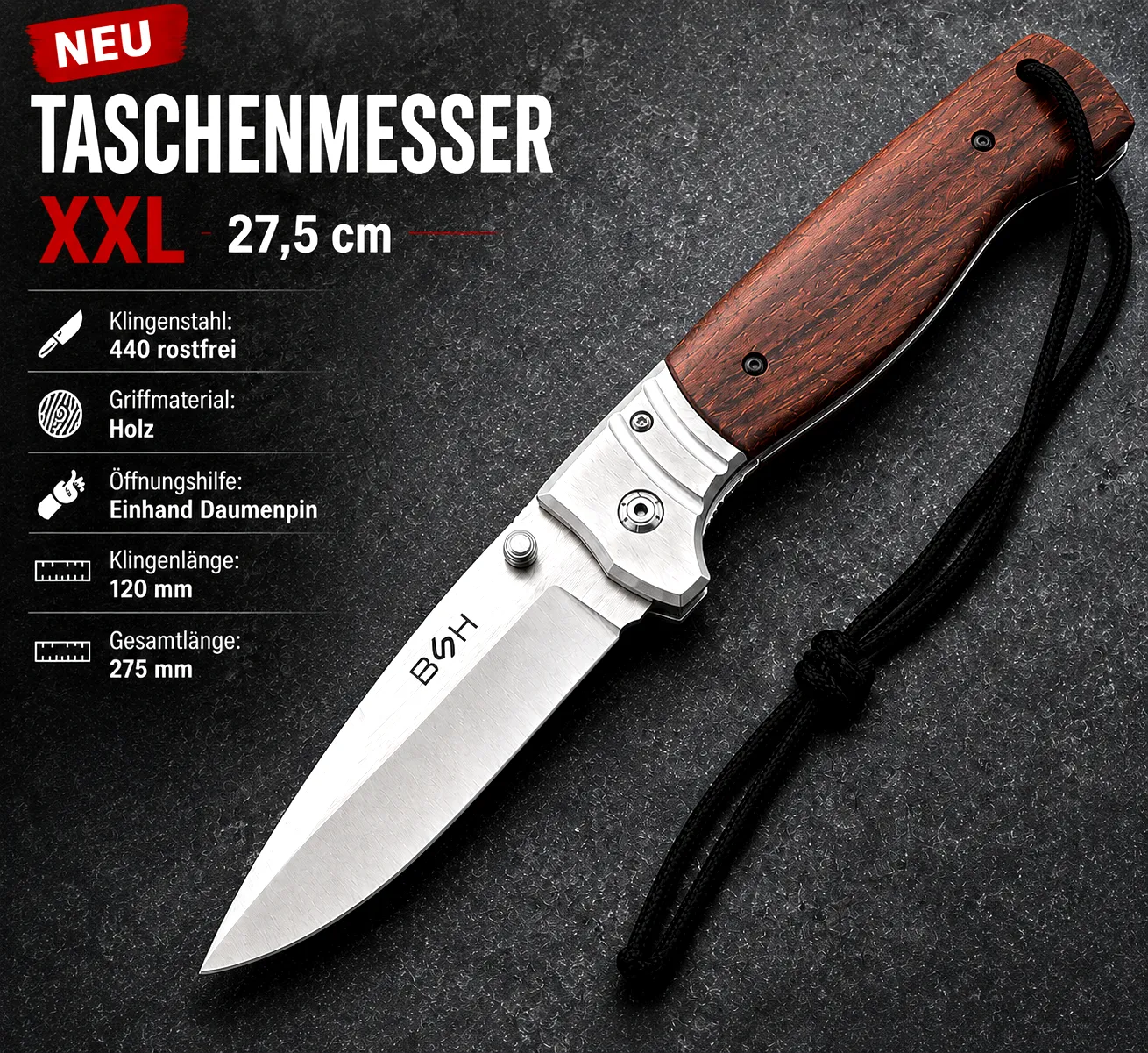 XXL Taschenmesser | 27,5 cm | Holzgriff | Klapp-Messer 440 Edelstahl | +Handseil